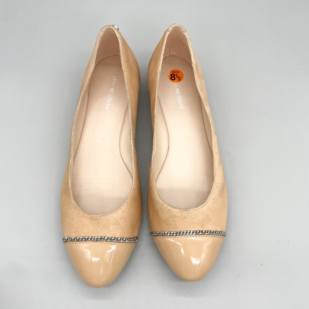 Stuart Weitzman Womens 8.5B Milla Chain Ballet Flats Beige Suede Patent Cap Toe